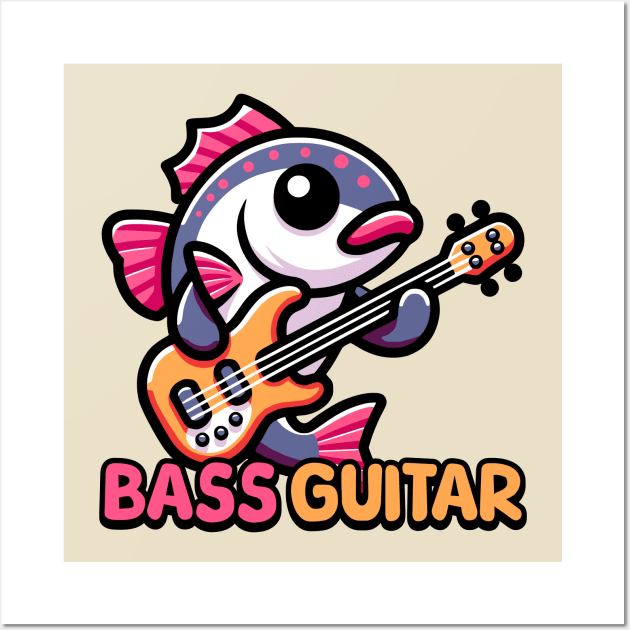 Bass Guitar! Cute Fish Guitar Pun Cartoon Wall Art by Cute And Punny